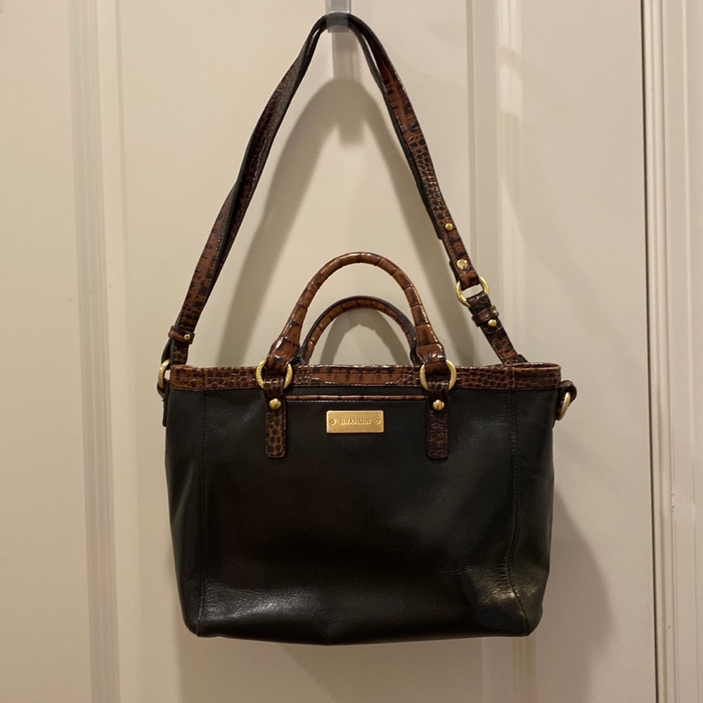 BRAHMIN black leather handbag with brown croc embossed trim